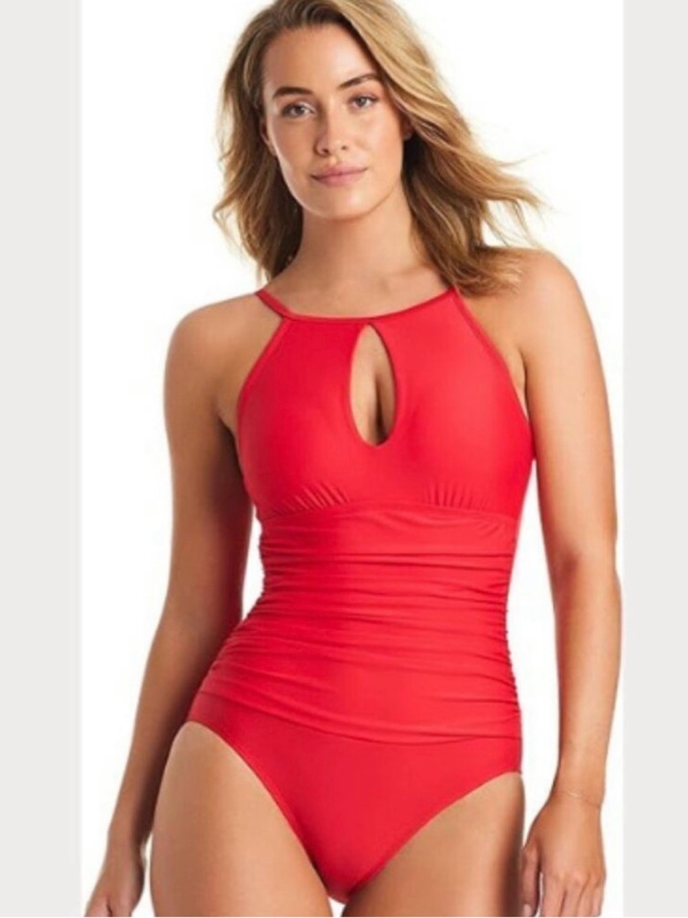 Ellen Tracy Red High-Neck Keyhole One-Piece Swimsuit